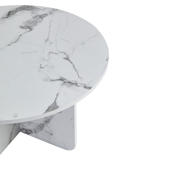 Luxueam Round White Marble Look Coffee Table with Panel Pedestal Base