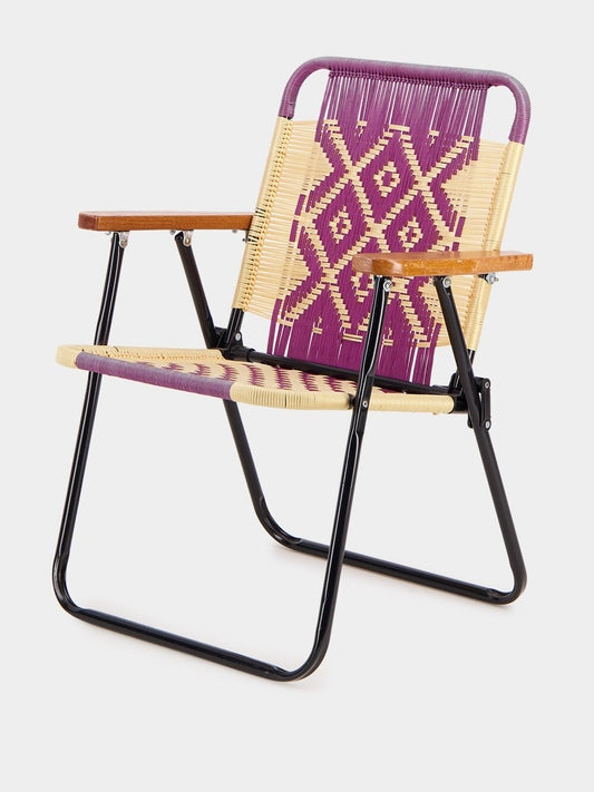 Luxueam Pink and Beige Geometric Woven Armchair with Black Aluminium Frame