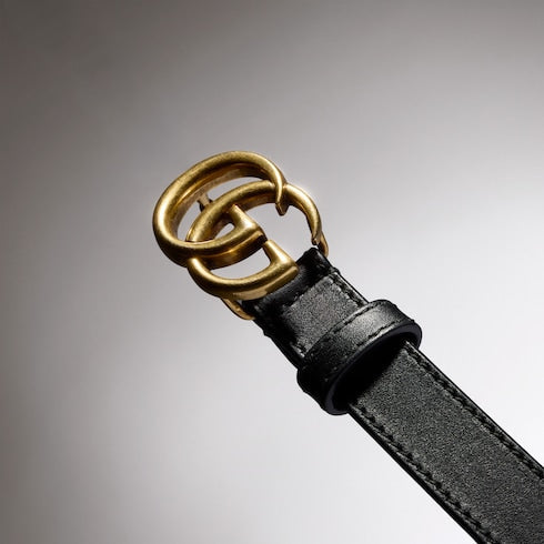 Women's Slim Black Leather Belt With GG Buckle
