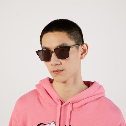 Shiny Black Ruthenium Metal Rectangular-Frame Sunglasses