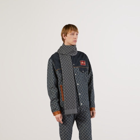 Dark Grey / Black Wool Double Jacquard GG Scarf
