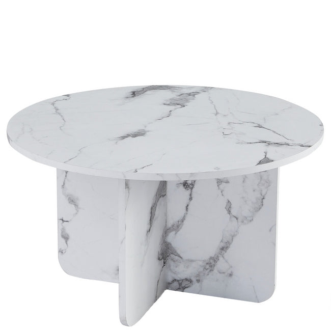 Luxueam Round White Marble Look Coffee Table with Panel Pedestal Base