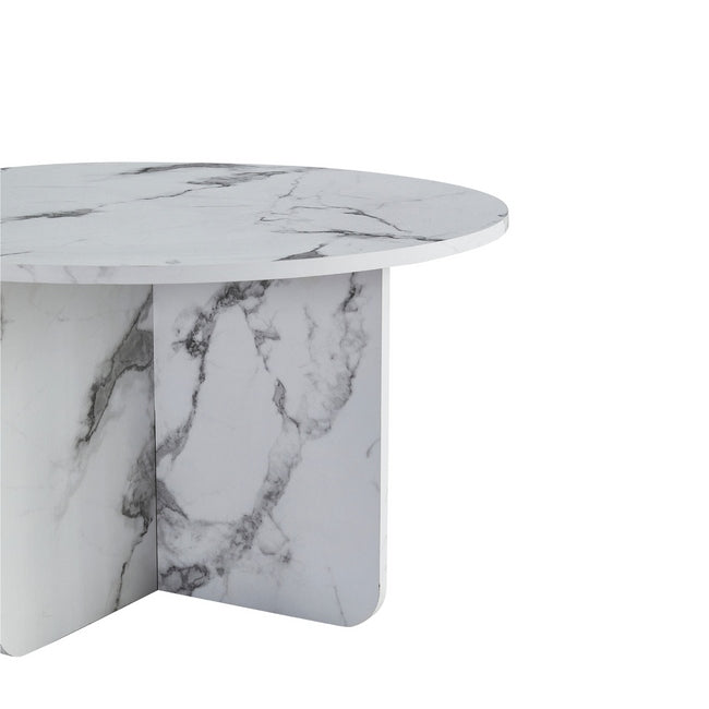 Luxueam Round White Marble Look Coffee Table with Panel Pedestal Base