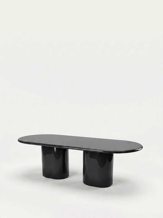 Luxueam Black Lacquered Wood Oval Dining Table with Double Pedestal Base