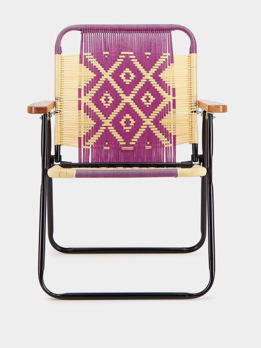 Luxueam Pink and Beige Geometric Woven Armchair with Black Aluminium Frame