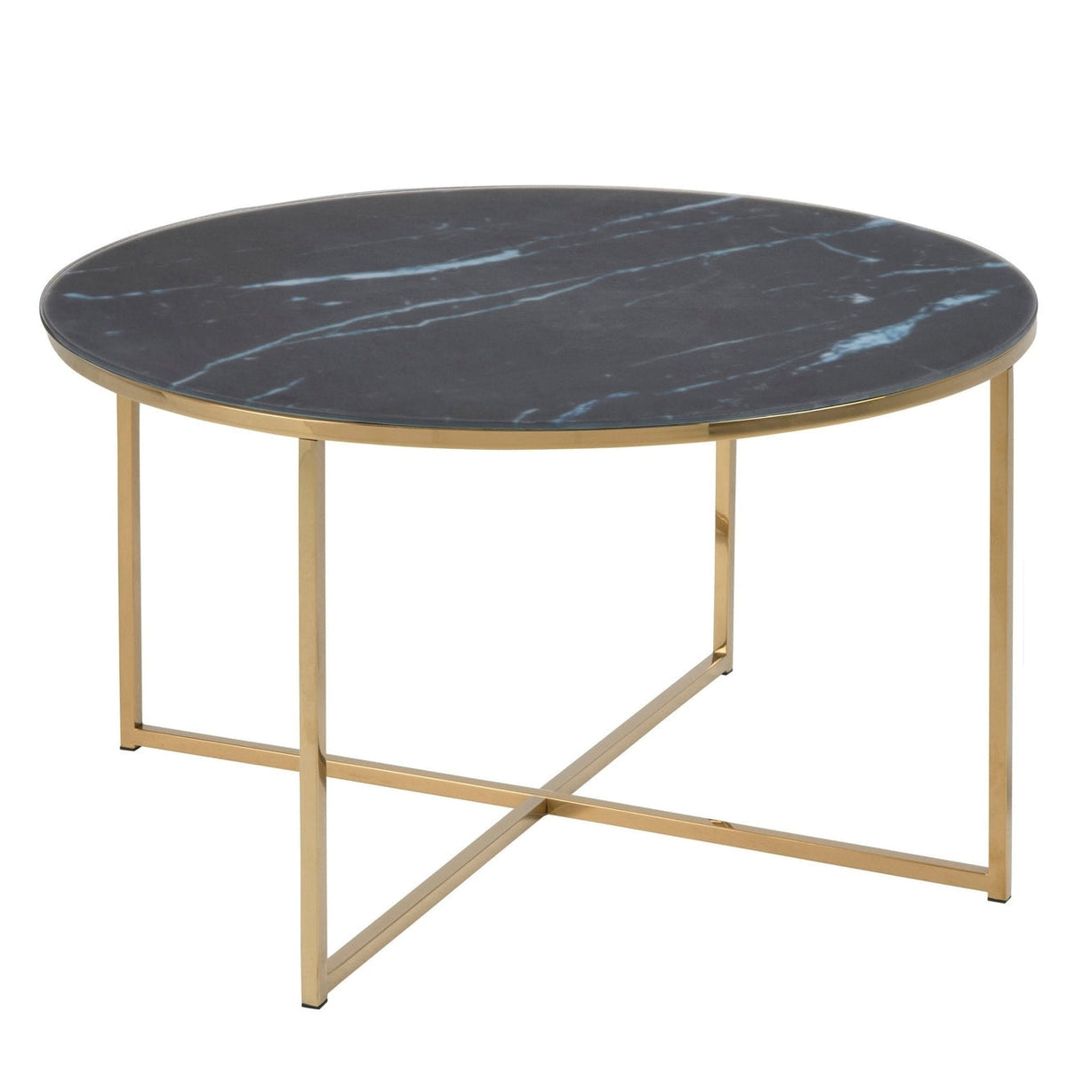 Luxueam Round Black Marble Look Glass Coffee Table with Gold Chrome Metal Frame