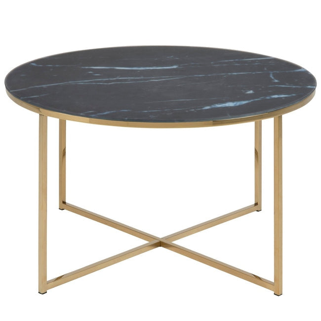 Luxueam Round Black Marble Look Glass Coffee Table with Gold Chrome Metal Frame