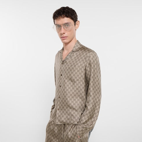 Printed silk twill bowling shirt