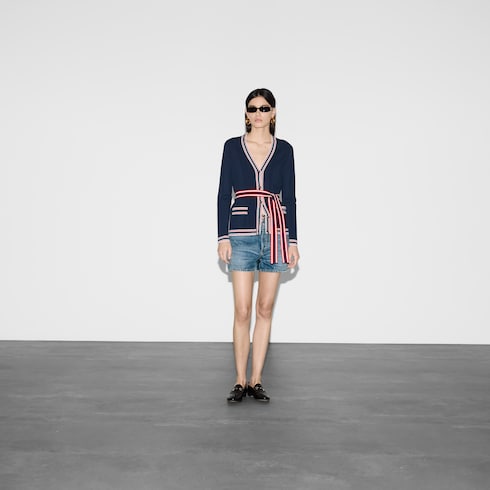Self-tie cardigan with striped trim