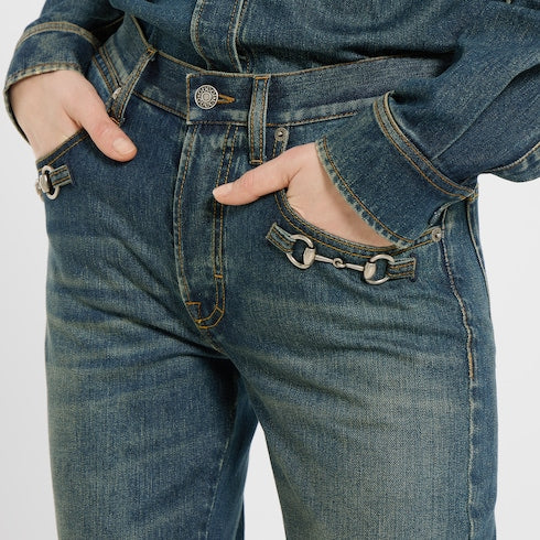 Cotton denim pants with Horsebit
