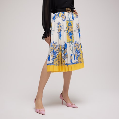 Printed silk midi skirt