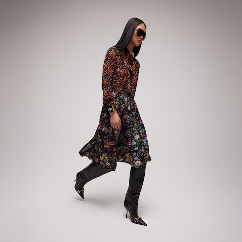 Printed silk midi skirt