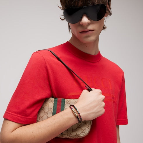 Leather double bracelet with Gucci script