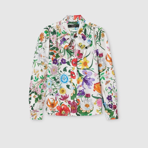 Printed silk twill shirt with bow
