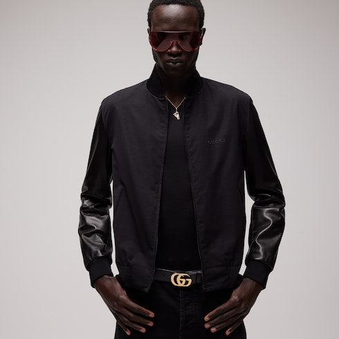 Fabric bomber jacket with nappa sleeves