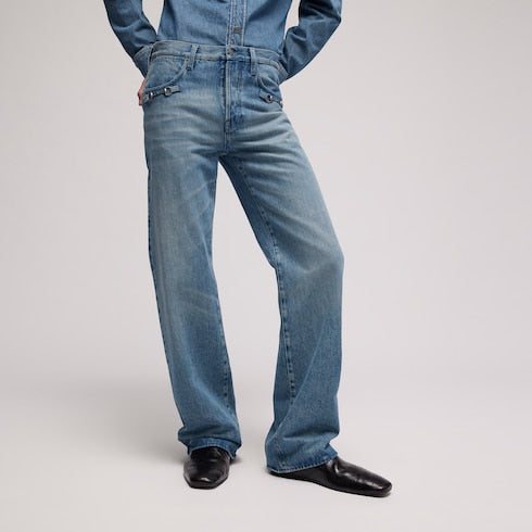 Flared denim pants with Horsebit