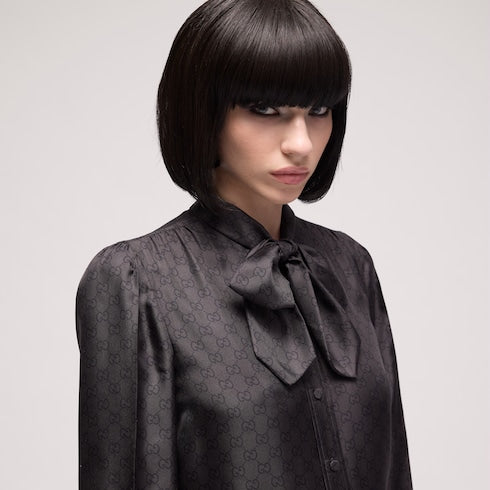 Printed silk twill shirt with bow