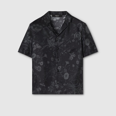 Printed silk twill bowling shirt