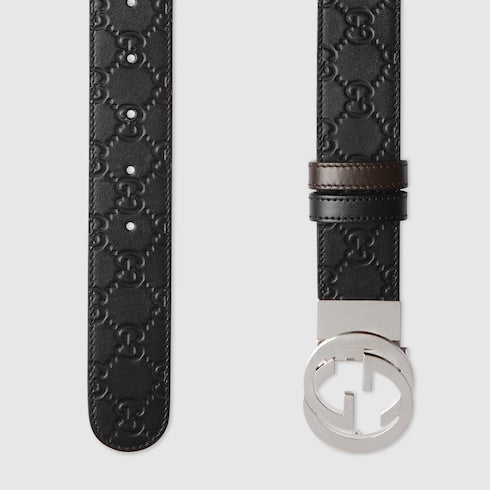 Black Gucci Signature / Brown Leather Reversible Belt