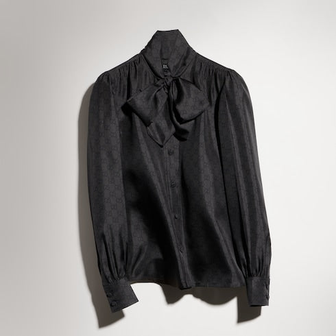 Printed silk twill shirt with bow