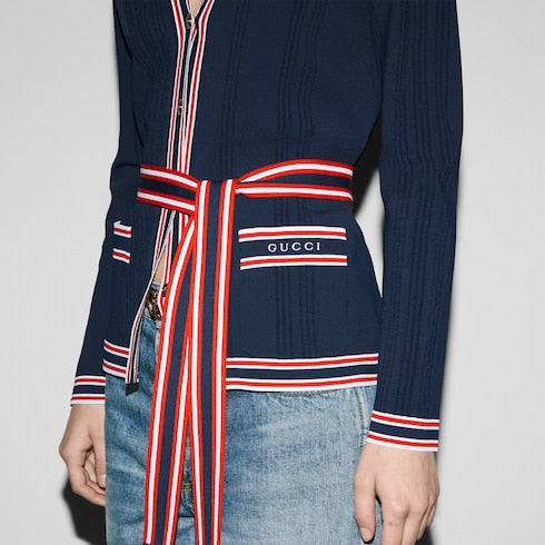Self-tie cardigan with striped trim