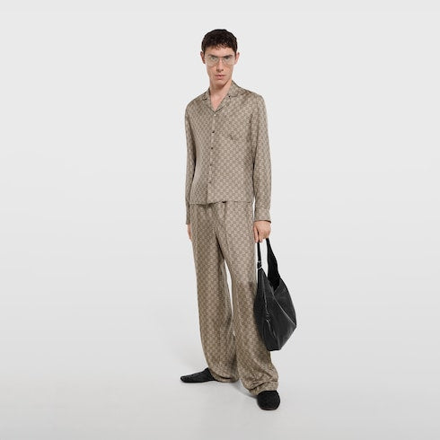 Printed silk twill bowling shirt