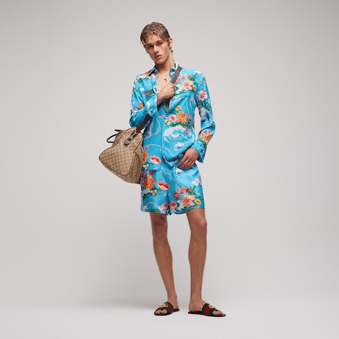 Printed silk twill shorts