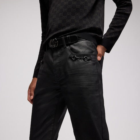 Flared coated cotton twill denim pants
