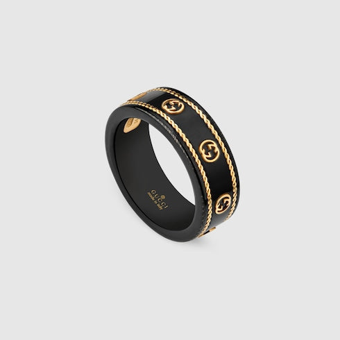 18K Yellow Gold And Black Icon Ring With Interlocking G