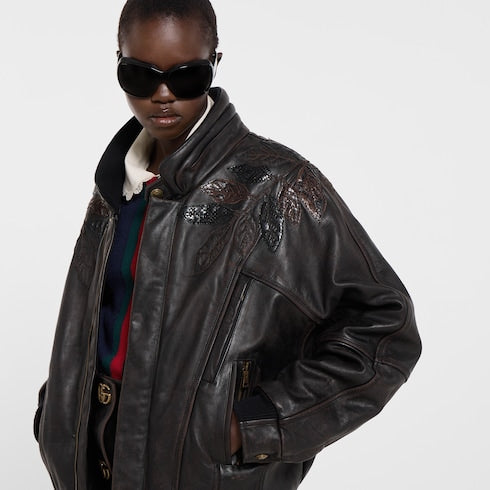 Leather with aged effect bomber jacket