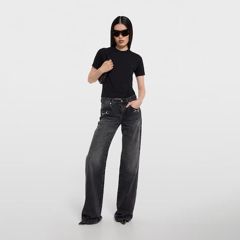 Cotton denim pants with Horsebit