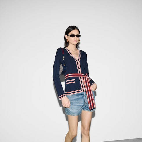 Self-tie cardigan with striped trim