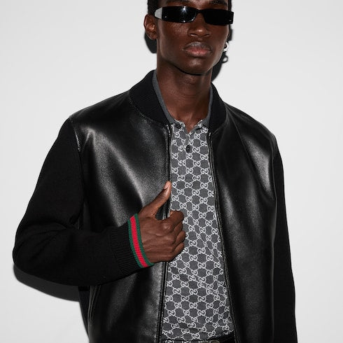 Nappa leather and knit bomber jacket
