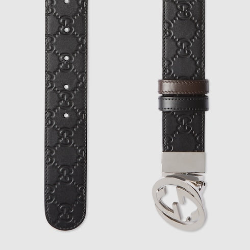 Black Gucci Signature / Brown Leather Reversible Belt