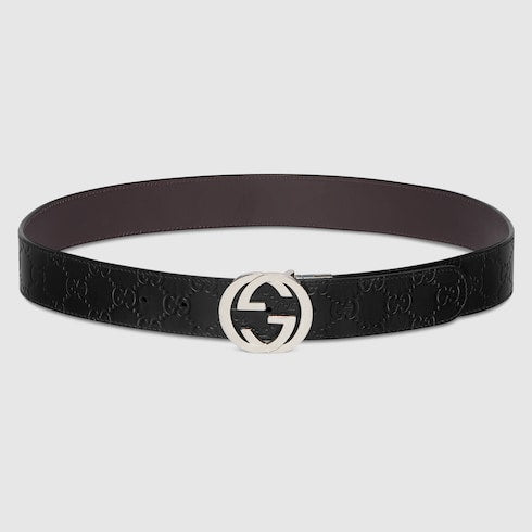 Black Gucci Signature / Brown Leather Reversible Belt