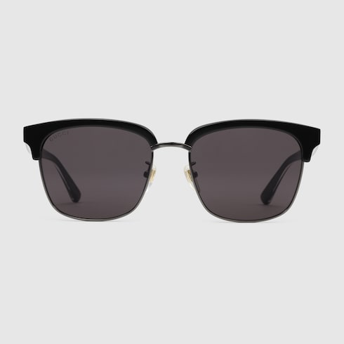 Shiny Black Ruthenium Metal Rectangular-Frame Sunglasses