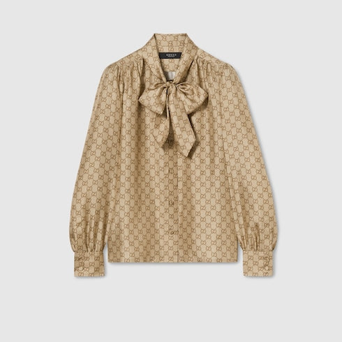 Printed silk twill shirt with bow