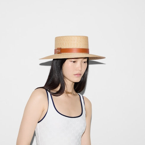 Straw hat with leather detail