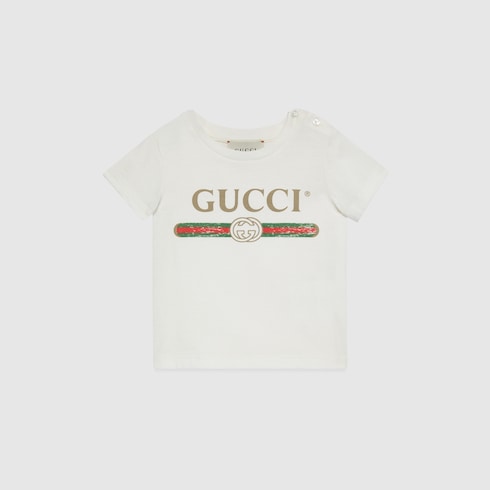 White Cotton Baby T-Shirt With Vintage Gucci Logo