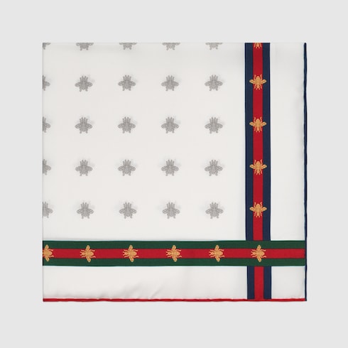 White Silk Bee Pattern Pocket Square