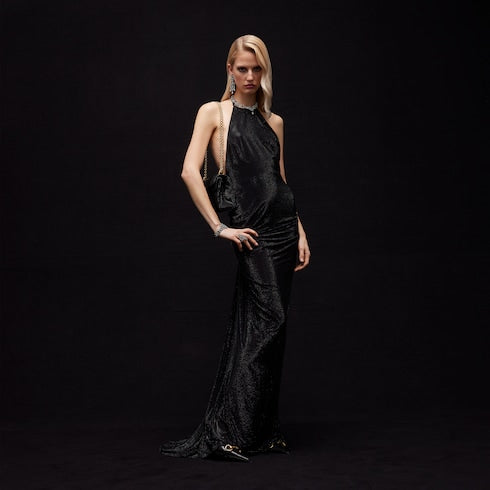 Embroidered silk stretch chiffon long dress