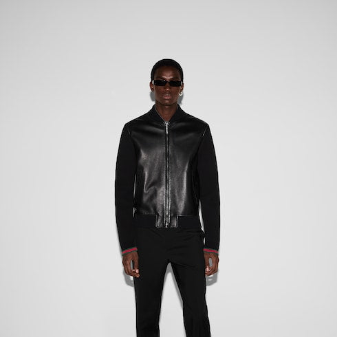 Nappa leather and knit bomber jacket