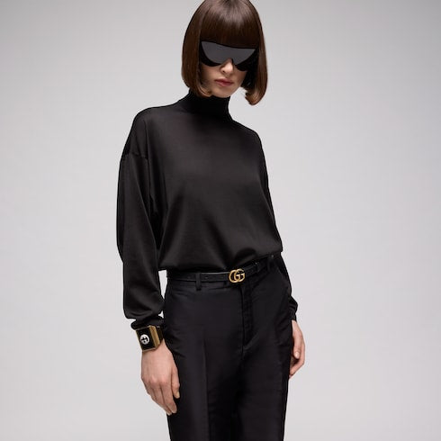 Women's Slim Black Leather Belt With GG Buckle