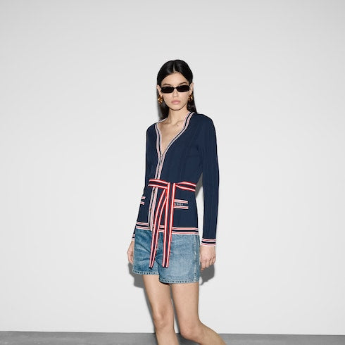 Self-tie cardigan with striped trim