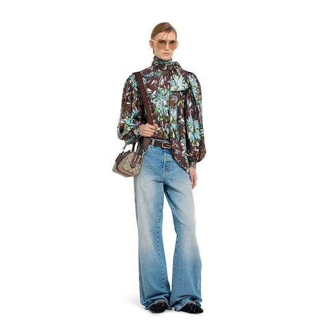 Flared bleached cotton denim pants