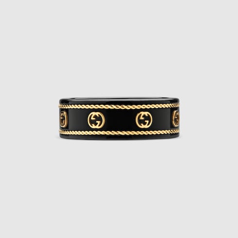 18K Yellow Gold And Black Icon Ring With Interlocking G