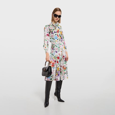 Printed silk twill shirt with bow