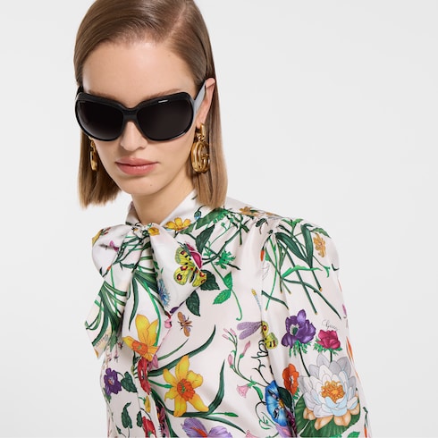 Printed silk twill shirt with bow